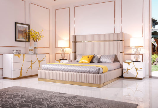 Modrest Sterling - California King Modern Beige + Rose Gold Bed + Nightstands