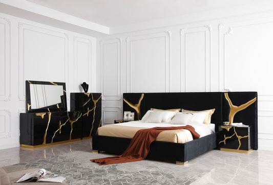 Modrest Aspen - Queen Modern Black + Gold Bed + Nightstands