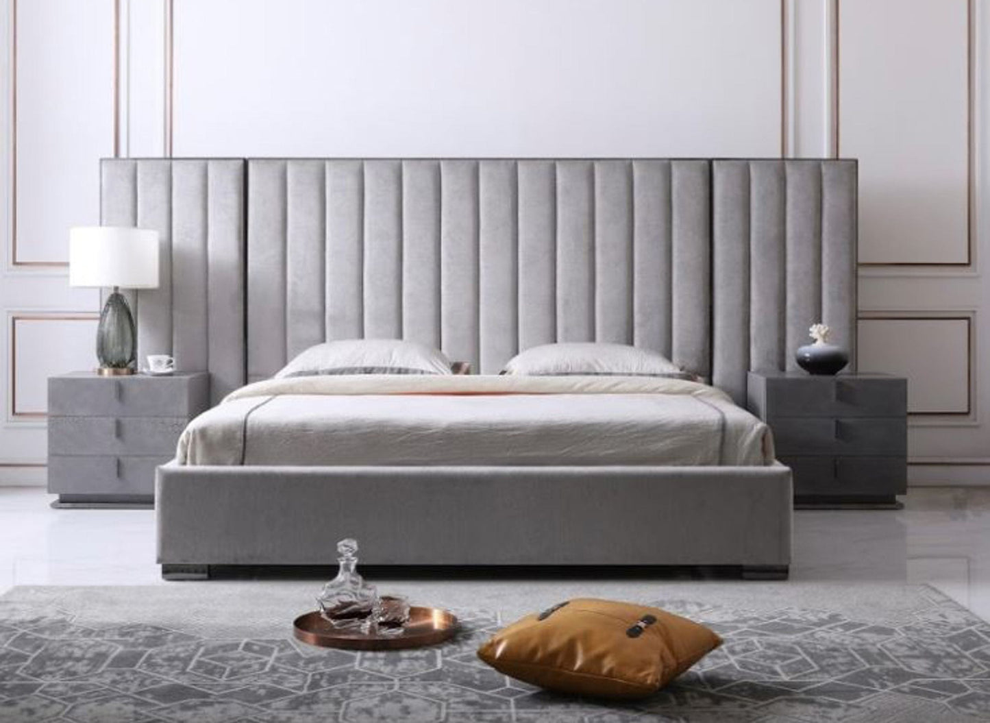 Eastern King Modrest Buckley - Modern Grey & Black Stainless Steel Bed w/ Nightstands
