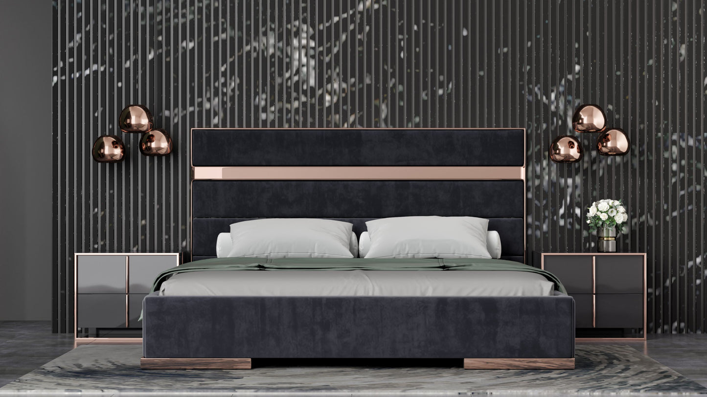 Modrest Cartier - Queen Modern Black + Rose Gold Bed + Nightstands