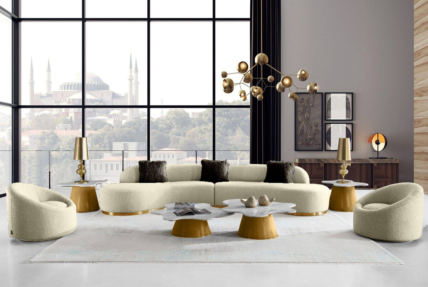 Divani Casa Frontier - Glam Beige Fabric Curved Sectional Sofa