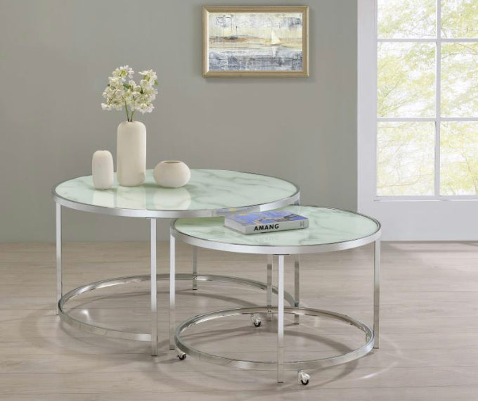 Lynn 2-piece Round Nesting Table White and Chrome