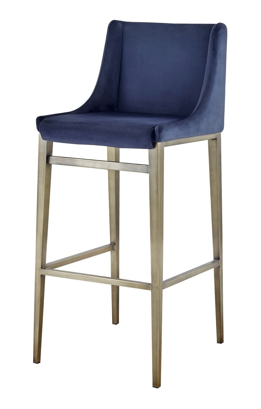 Modrest Mimi - Contemporary Blue Velvet & Antique Brass Bar Stool (Set of 2)