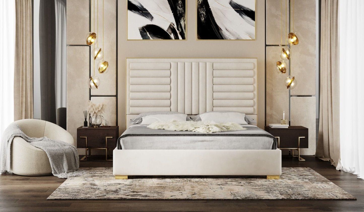Queen Modrest Daystar - Modern Beige Velvet and Gold Bed