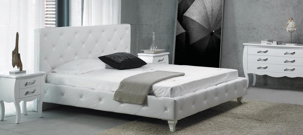 Monte Carlo Modern White Leatherette Transitional Platform Bed w/ Crystals