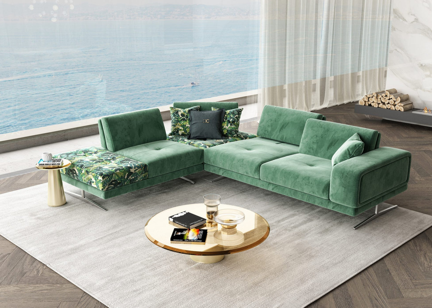 Coronelli Collezioni Mood - Italian Green Velvet Left Facing Sectional Sofa