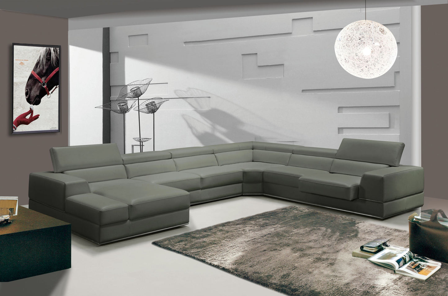 Divani Casa Pella - Modern Grey Italian Leather U Shaped Sectional Sofa