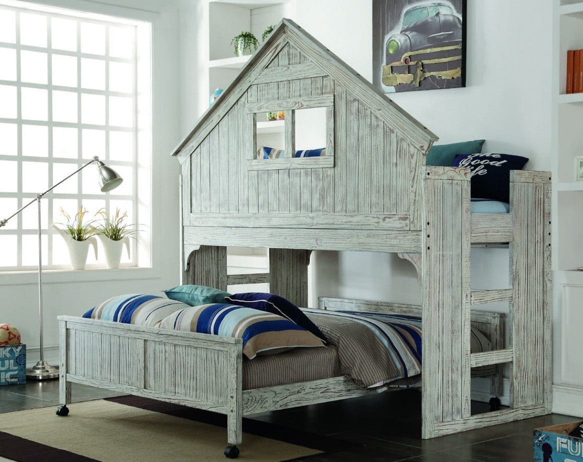 Donco Kids Club House Country Tall Twin Over Full Loft Bed with Caster in Brushed Driftwood Finish