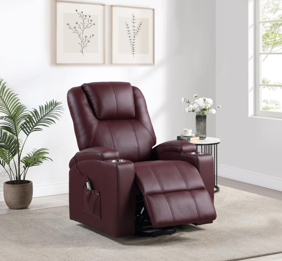 UPHOLSTERED POWER LIFT MASSAGE RECLINER WINE