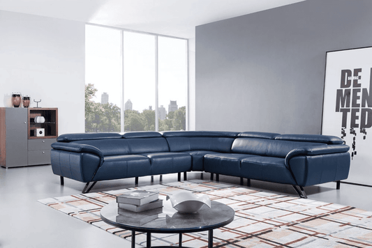 Navy Blue Italian Top Grain Leather Sectional Sofa Set