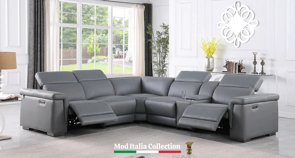 Leonardo Power Reclining Italian Leather Sectional 8pcs Grey