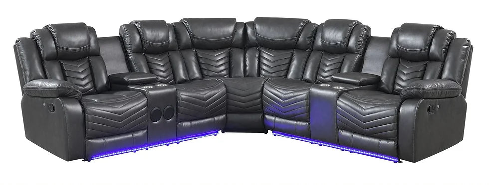 Lucky 3pcs Reclining Sectional, LED, Bluetooth, Speakers Grey