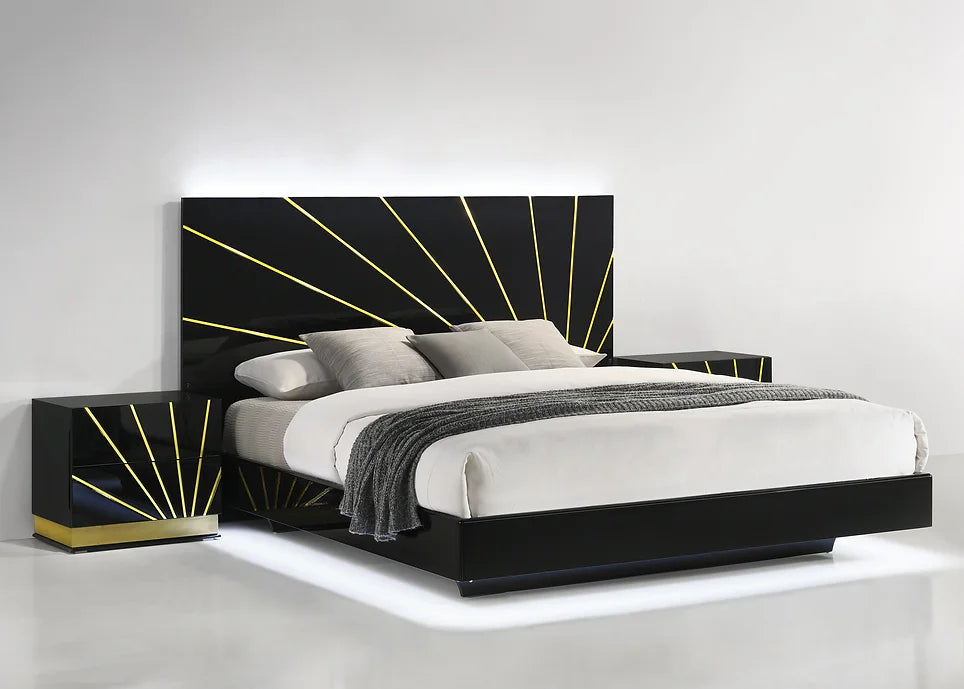 4PCS -ZENIA QUEEN BED/DRESSER/MIRROR/NIGHTSTAND BLACK/GOLD