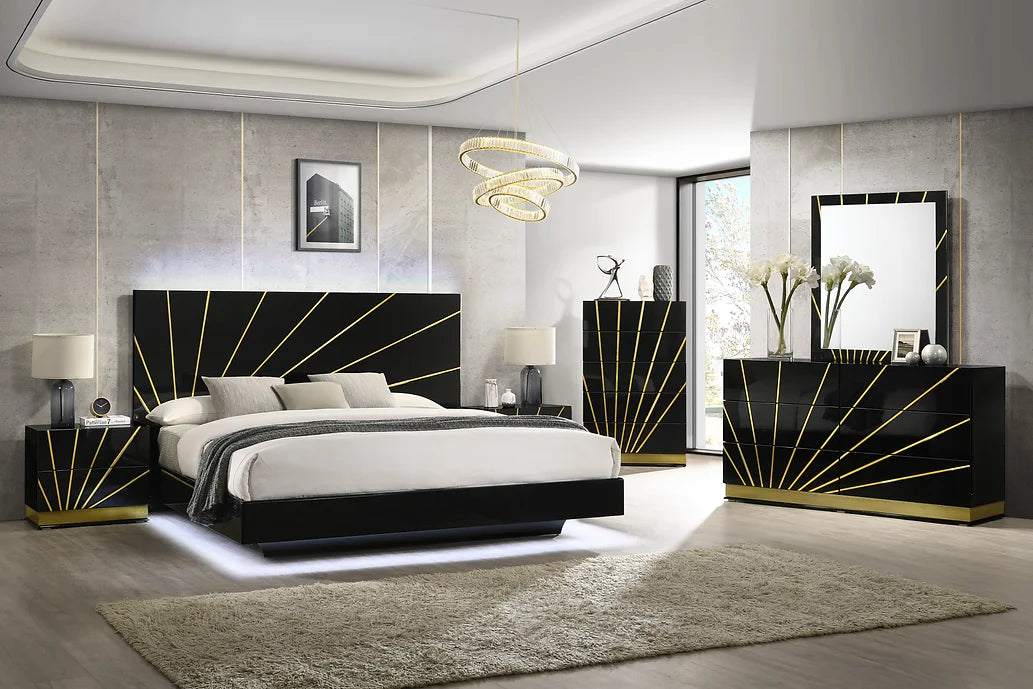 4PCS -ZENIA QUEEN BED/DRESSER/MIRROR/NIGHTSTAND BLACK/GOLD