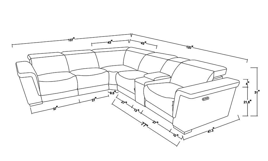 Leonardo Power Reclining Italian Leather Sectional 8pcs Grey