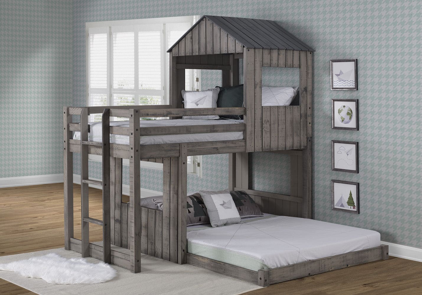 DONCO Kids Campsite Cabin Twin Over Full Loft Bed in Rustic Dirty Grey Finish