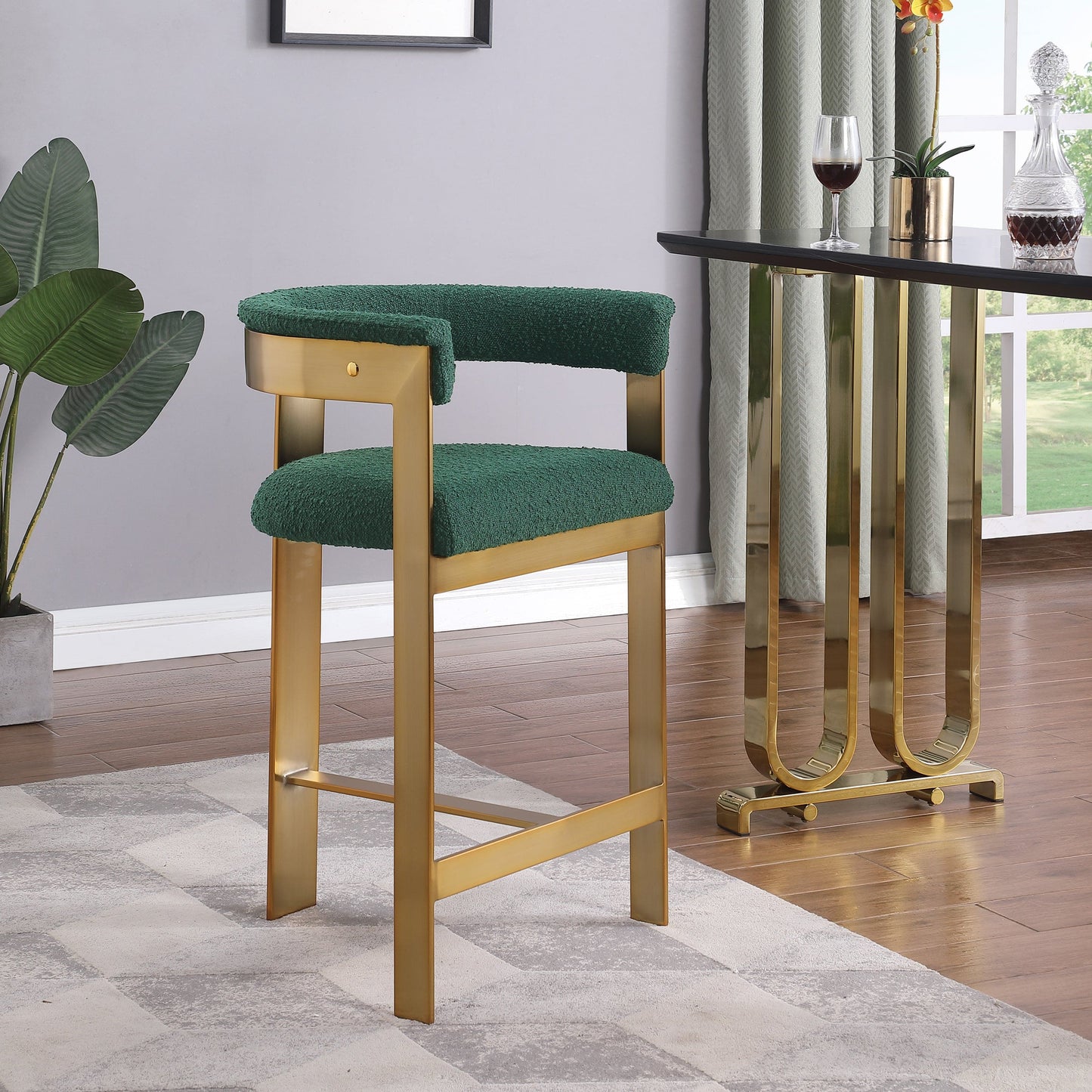 Romeo Boucle Green Fabric Bar / 2 Counter Stools