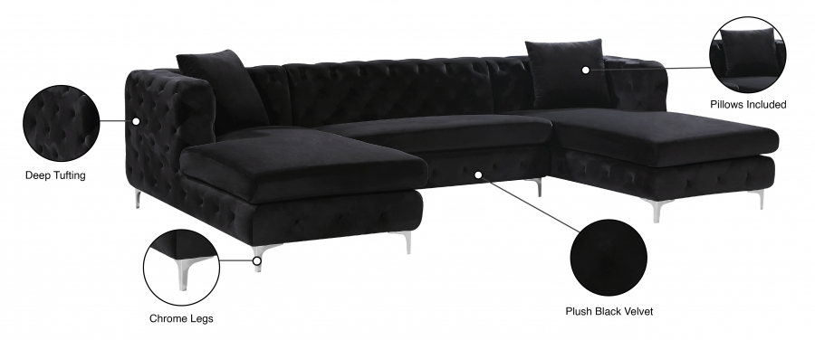 Gail 127" Velvet Upholstered 3pc. Sectional Black