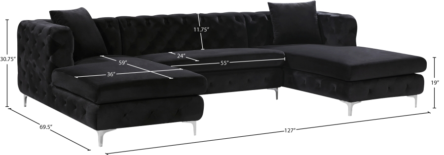 Gail 127" Velvet Upholstered 3pc. Sectional Black