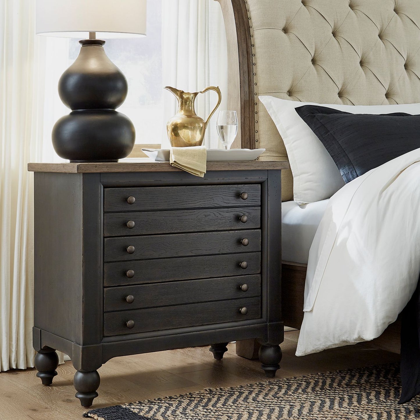 Americana Farmhouse Bedside Chest w/ Charging Station - Black