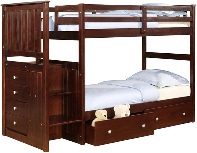 DONCO Twin Over Twin Bunk Bed BUNKBED, Mission Stairway Bunk Dual Under Bed Drawers, Twin, Dark Cappuccino