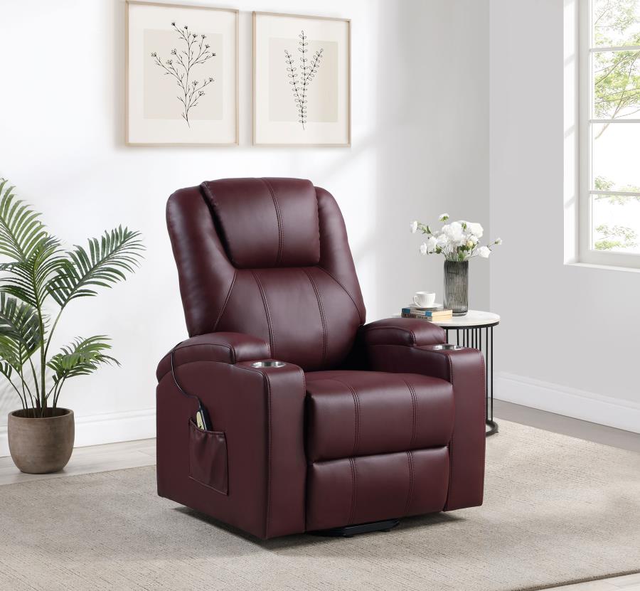 UPHOLSTERED POWER LIFT MASSAGE RECLINER WINE