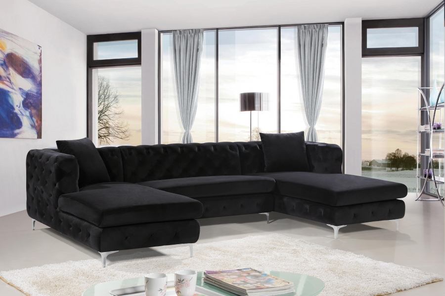 Gail 127" Velvet Upholstered 3pc. Sectional Black