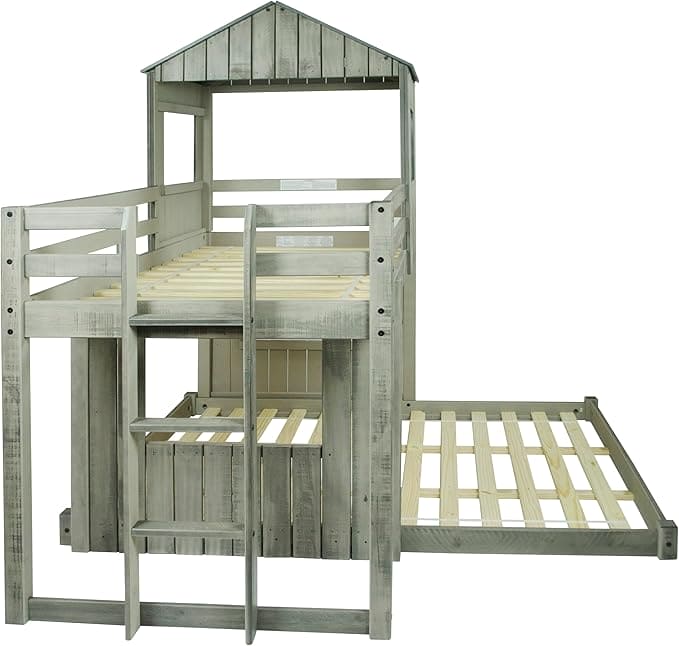 DONCO Kids Campsite Cabin Twin Over Full Loft Bed in Rustic Dirty Grey Finish