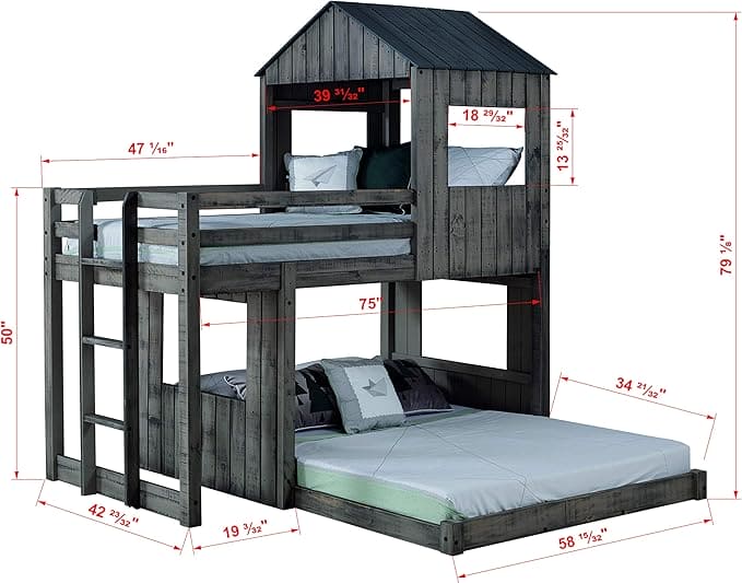 DONCO Kids Campsite Cabin Twin Over Full Loft Bed in Rustic Dirty Grey Finish