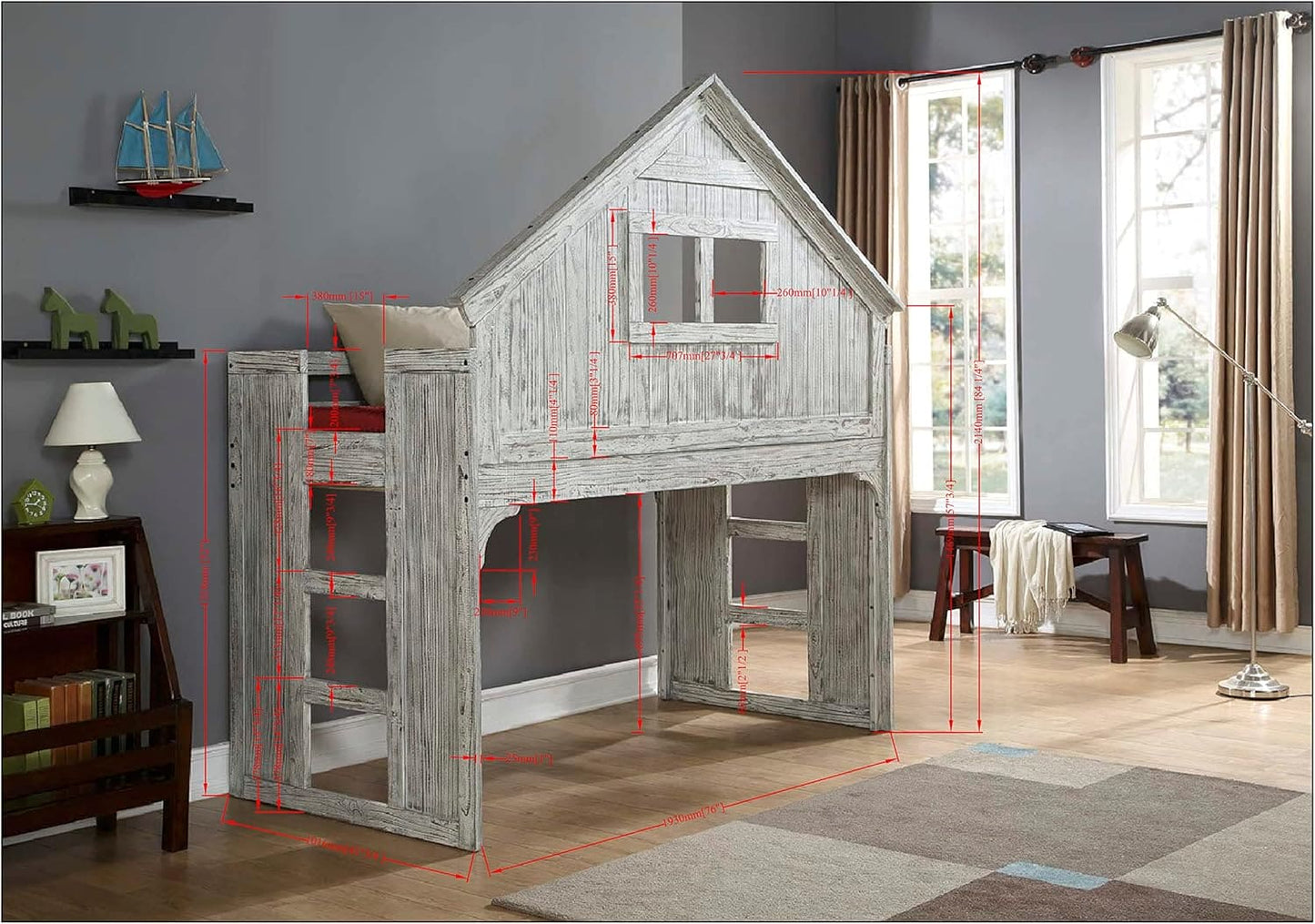 Donco Kids Club House Tall Loft Bed, Twin, Brushed Driftwood