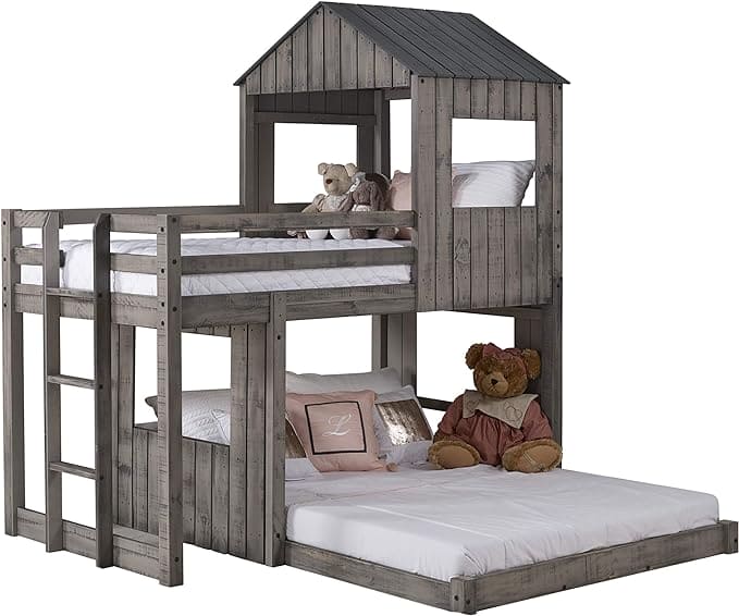 DONCO Kids Campsite Cabin Twin Over Full Loft Bed in Rustic Dirty Grey Finish