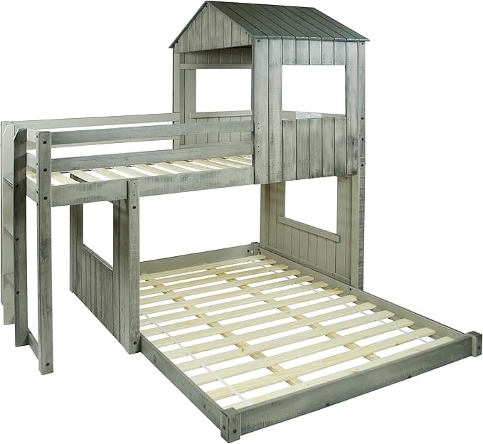 DONCO Kids Campsite Cabin Twin Over Full Loft Bed in Rustic Dirty Grey Finish