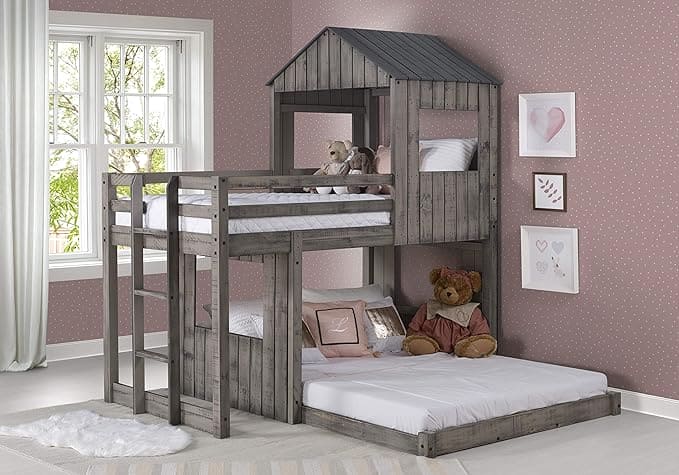 DONCO Kids Campsite Cabin Twin Over Full Loft Bed in Rustic Dirty Grey Finish