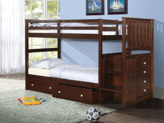 DONCO Twin Over Twin Bunk Bed BUNKBED, Mission Stairway Bunk Dual Under Bed Drawers, Twin, Dark Cappuccino