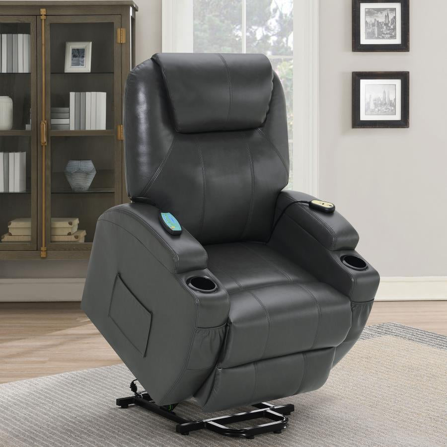 SANGER UPHOLSTERED POWER LIFT MASSAGE RECLINER CHARCOAL GREY