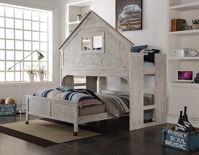 Donco Kids Club House Country Tall Twin Over Full Loft Bed with Caster in Brushed Driftwood Finish