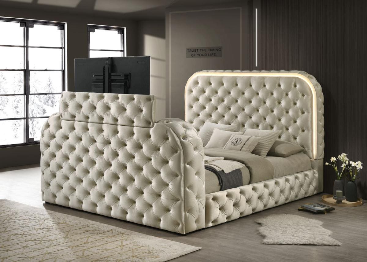 Valentina – Platform Upholstered Bed LED $ fireplace
