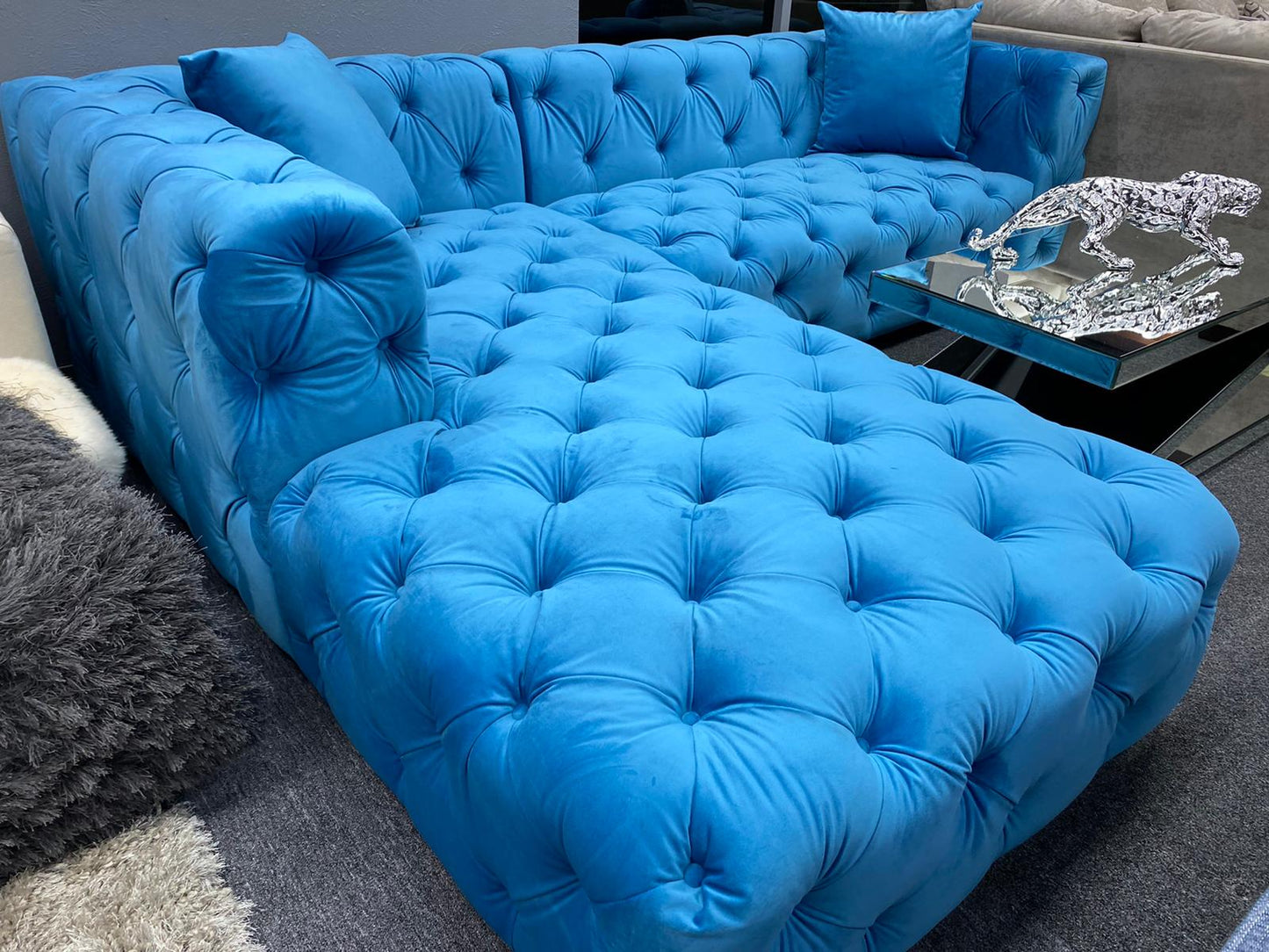 Cloud Sky Blue Velvet Custom Tufted Sectional