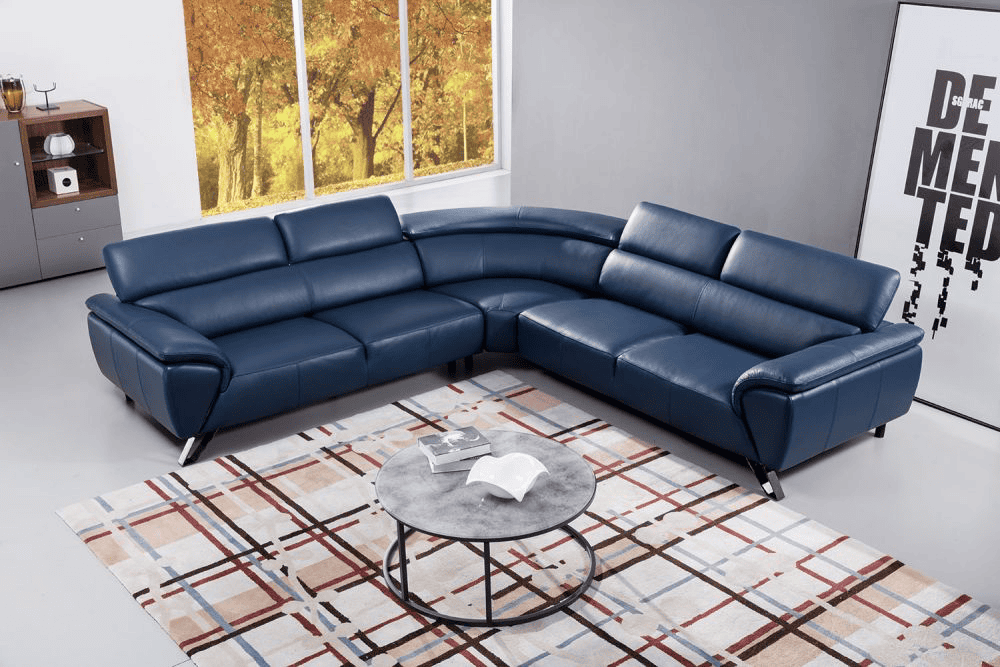 Navy Blue Italian Top Grain Leather Sectional Sofa Set