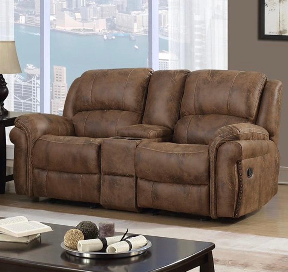 Saddle Manual Motion Reclining Sofa and Loveseat with nail head