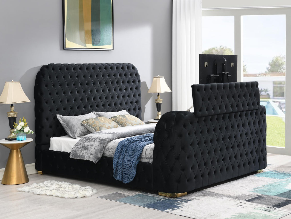 BLACK VELVET QUEEN BED W/FIREPLACE, TV MOUNT & BLUETOOTH SPEAKER & USB