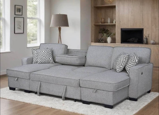 Sahara Gray - Double Storage Chaise Sectional w/ Drop Down Cupholders