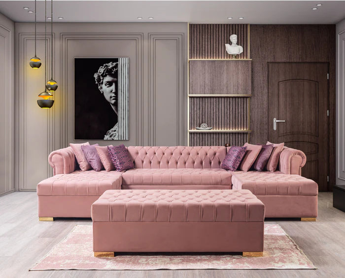 Lauren Pink Velvet Double Chaise 136" Sectional