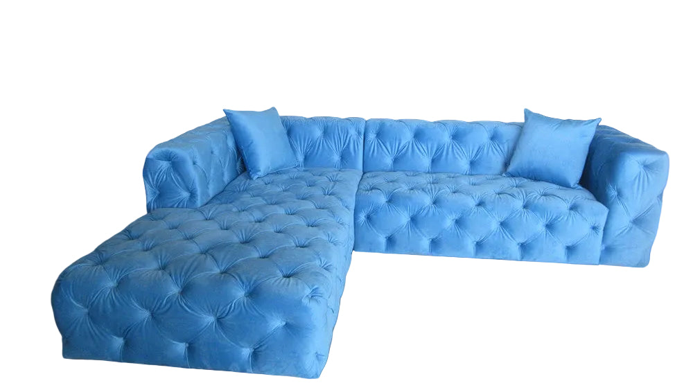 Cloud Sky Blue Velvet Custom Tufted Sectional