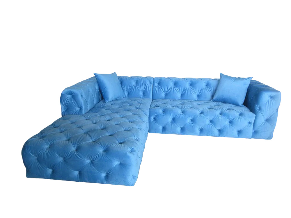 Cloud Sky Blue Velvet Custom Tufted Sectional