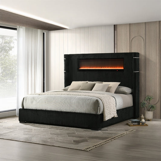 Garner Queen Bed w/Fireplace, LED, Reading Light, Speaker, Bluetooth & USB Black & Silver