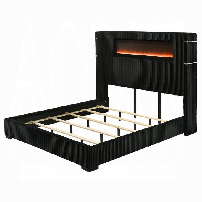 Garner Queen Bed w/Fireplace, LED, Reading Light, Speaker, Bluetooth & USB Black & Silver