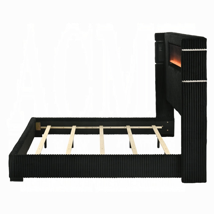 Garner Queen Bed w/Fireplace, LED, Reading Light, Speaker, Bluetooth & USB Black & Silver