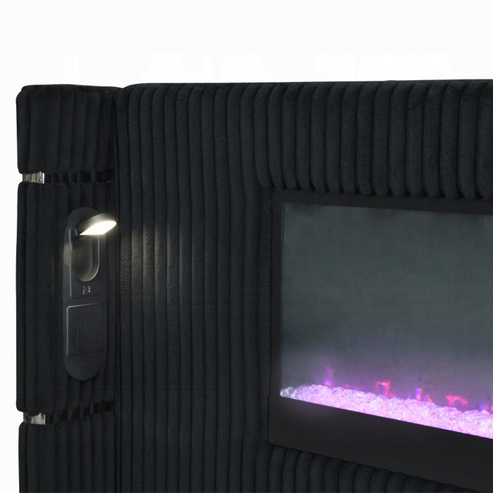 Garner Queen Bed w/Fireplace, LED, Reading Light, Speaker, Bluetooth & USB Black & Silver