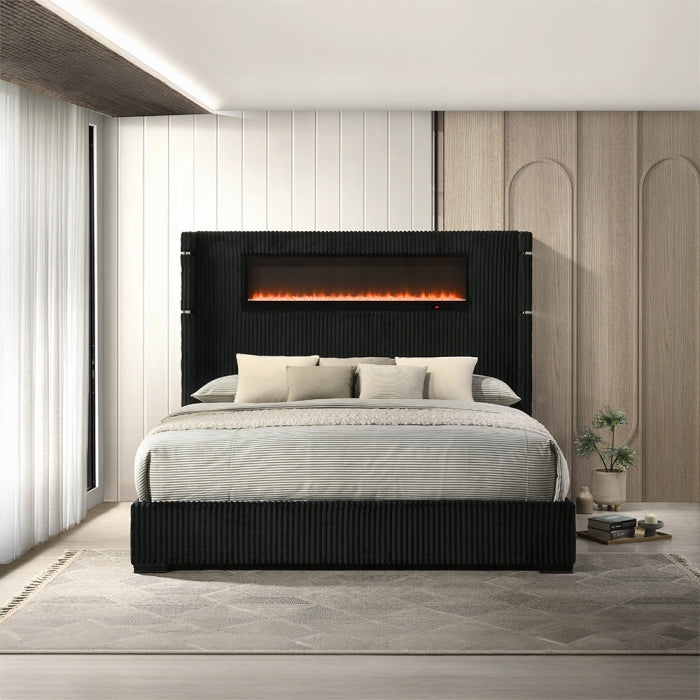 Garner Queen Bed w/Fireplace, LED, Reading Light, Speaker, Bluetooth & USB Black & Silver